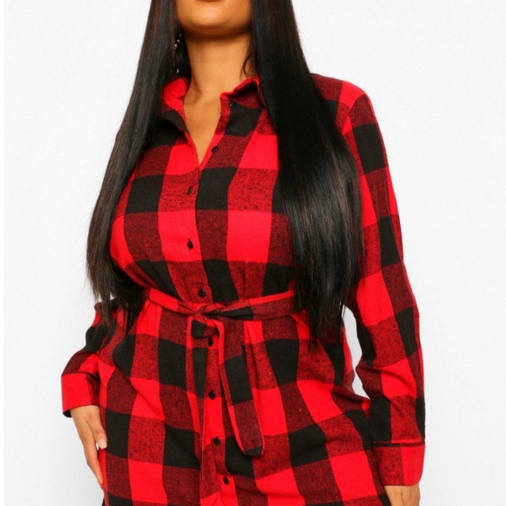 Red Black Plaid Shirt Dress Womens 14 Belted Casual Chic Dress NWT Boohoo - Picture 2 of 9